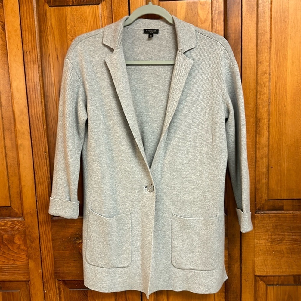 Talbots Grey Cotton/Rayon Sweater Cardigan Roll Sleeve Hem Small Petite